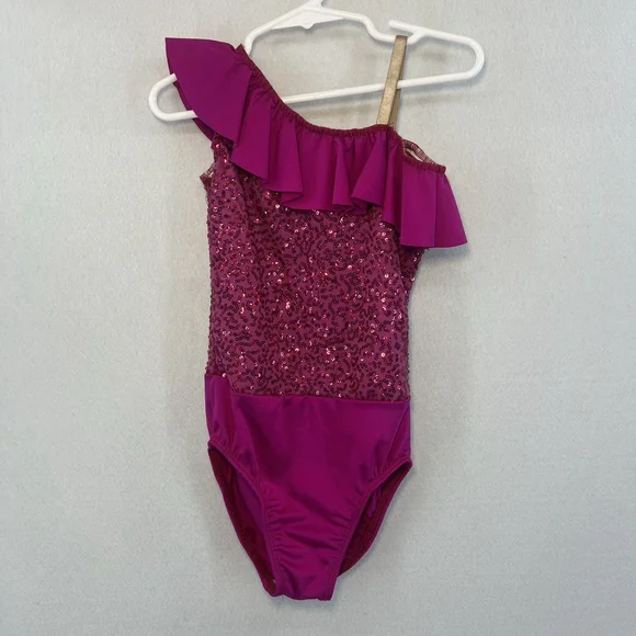 Kids One-Shoulder Dance Leotard Sequins Ruffled Neckline Pink Size Small Child - Picture 7 of 13